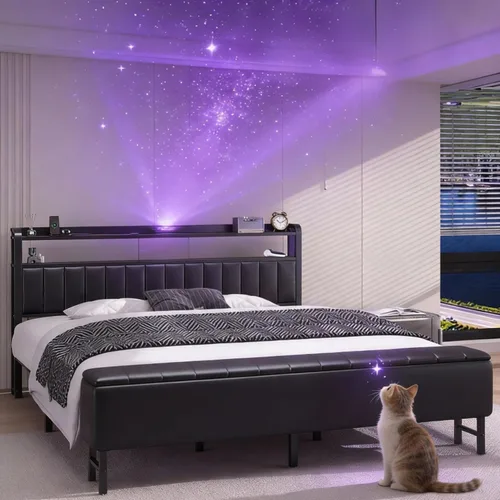 Vista 12 de Base de cama de plataforma de tamaño matrimonial con cabecera de almacenamiento, proyector de estrellas, color negro Charging Station, Heavy-Duty