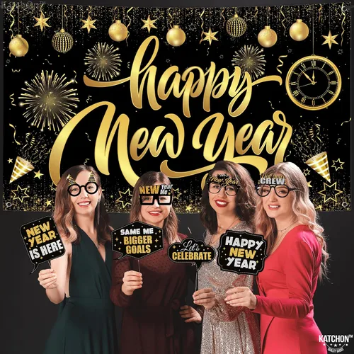 Vista 4 de KatchOn, Suministros para fiesta de Año Nuevo 2026 – Paquete de 32 Cartel de Feliz Año Nuevo, accesorios de cabina de fotos de NYE