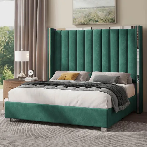 Vista 9 de Jocisland Marco de cama tamaño Queen con cabecero de 58 pulgadas de alto, cama de plataforma tapizada en terciopelo con cabecero tipo wingback