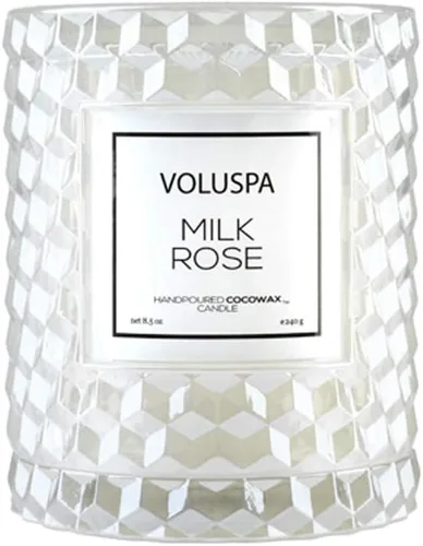 Vista 2 de Voluspa Vela de cristal texturizado Cloche Milk Rose, 8.5 onzas, tiempo de combustión de 55 horas, cera de coco para combustión limpia, hecha a mano