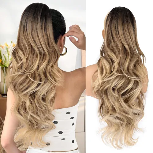 Vista 28 de Extensión de cola de caballo rubio, extensión de cola de caballo con cordón de 20 pulgadas para mujeres, extensiones de cabello de cola de caballo