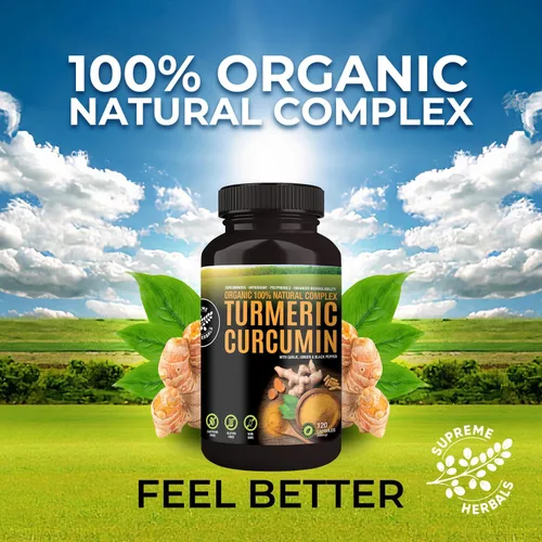 Vista 5 de SUPREME HERBALS, Cápsulas de curcumina de cúrcuma 100% cruda y orgánica. Certificado orgánico, sin gluten, sin OMG y sin cafeína. Mejorado con ajo