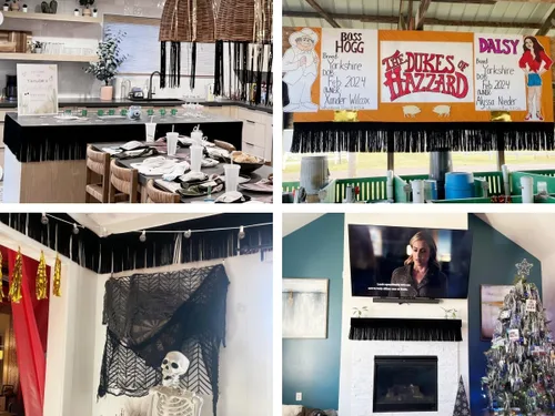 Vista 6 de Paquete de 4 Negro Total 40 Pies Guirnalda de Flecos de Papel Aluminio Pancarta Metálica de Oropel Cortinas Colgantes de Pared Decoraciones de Falda
