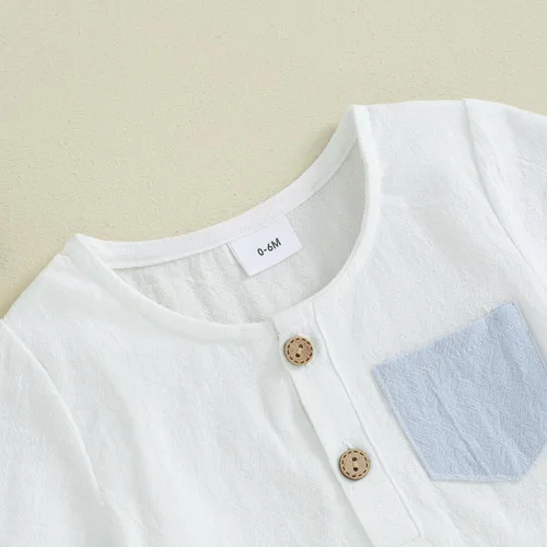 Vista 89 de Conjunto de ropa casual de manga corta con botones y pantalones cortos de lino para bebés y niños pequeños