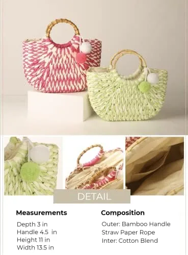 Vista 5 de Bolsa de paja para mujer Bolsa de playa tejida para bolso de verano Bolso de mano con mango de bambú, Rosado