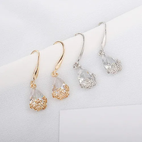 Vista 3 de Pendientes de aro con forma de gota y colgante, diseño vintage de gota de agua floral de metal con incrustaciones de circonita cúbica, joyería