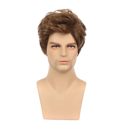 Vista 3 de Kaneles Peluca corta para hombre, pelo natural, sintético, peluca completa (marrón)