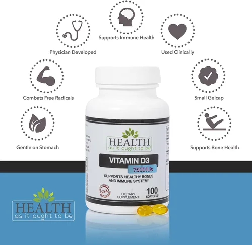 Vista 3 de Health As It Ought To Be Suplemento de vitamina D3 7500 UI 188mcg - Formulado por un médico - Apoya la salud ósea e inmunológica - 100 cápsulas