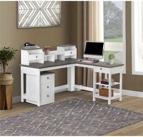 Vista 8 de Saint Birch Finley - Escritorio de madera moderno en forma de L en color blanco/madera flotante