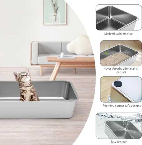Vista 3 de WENBOKMIN Caja de Arena de Acero Inoxidable para Gatos - Caja de Arena para Gatos - Fácil de Limpiar, Nunca Absorbe Olores, Manchas o Óxido