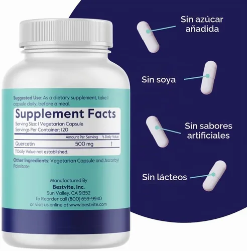 Vista 3 de BESTVITE Quercetina 500mg (120 cápsulas vegetales) - Sin estearatos