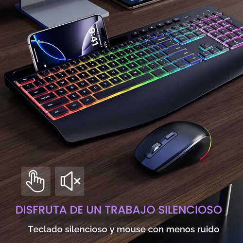 Vista 7 de Combo de teclado y mouse inalámbricos: teclado recargable VEILZOR 2.4G con soporte para teléfono, reposamuñecas ergonómico, 9 efectos