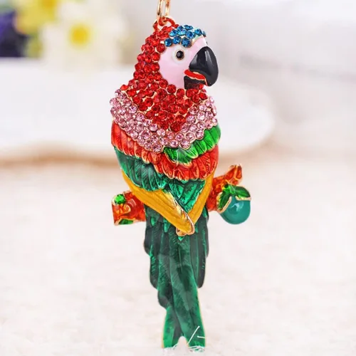 Vista 4 de Llavero de loro para mujer, lindo llavero de animal de loro para niñas, llavero de rama de árbol de loro tropical, llaveros de loro brillante