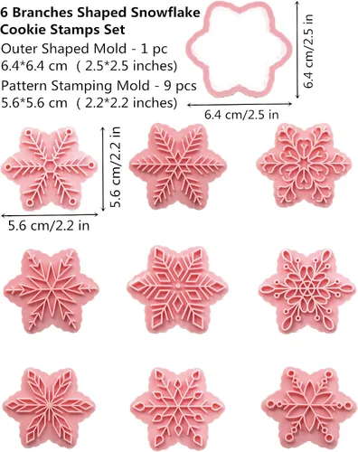 Vista 2 de Juego de 9 patrones de sellos de galletas de copo de nieve 3D, plástico de grado alimenticio, 6 ramas con forma de copos de nieve, cortadores