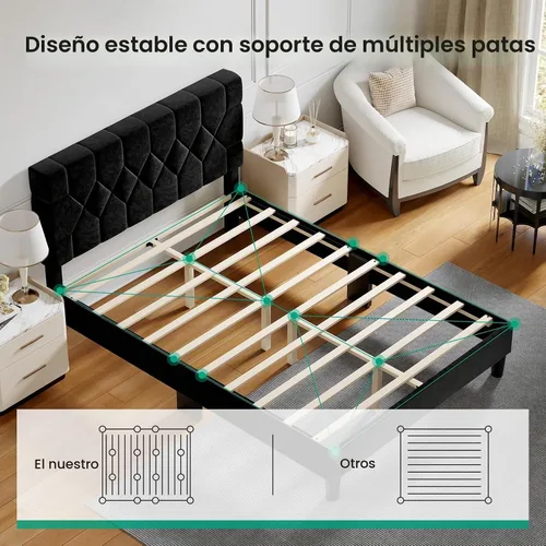 Vista 5 de Novilla - Base de cama Queen con cabecero, base de cama tamaño Queen con soporte de listones de madera, cabecero tapizado de terciopelo con puntos