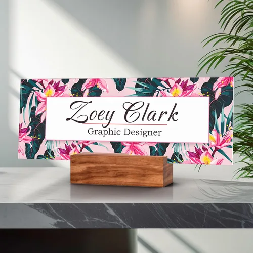 Vista 31 de Placa de identificación personalizada para escritorio, decoración de oficina de acrílico transparente con diseño de flores, decoraciones