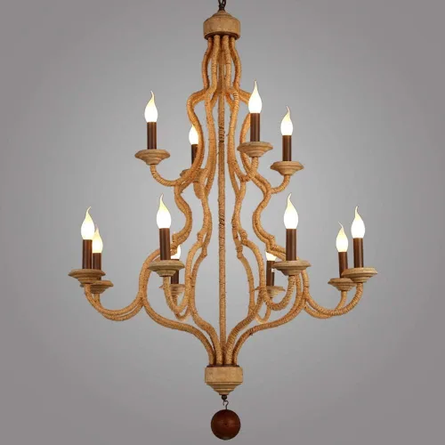 Vista 2 de Genérico Araña moderna, Simple 12 Lights Country Style Double Layer Hemp Rope Wooden Retro Chandelier Lighting Loft Cafe Bar V-intage Pendant Light