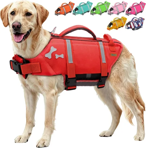 Vista 14 de EMUST Chalecos salvavidas para perros, chaleco flotante para canotaje con 2 Brillante rosa