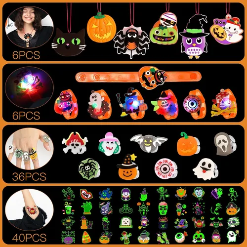 Vista 3 de U-Goforst 88 piezas de recuerdos de fiesta de Halloween para niños, pulseras iluminadas que brillan en la oscuridad, collares, anillos LED, juguetes