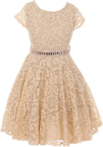 Vista 19 de Little Girl - Vestido de niña con manga de encaje y cinturón de piedras