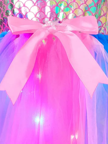 Vista 7 de CHICTRY Disfraz de sirena para niños y niñas, vestido de tutú de sirena con luz LED, vestido de Halloween para festival, cosplay, vestido de fantasía