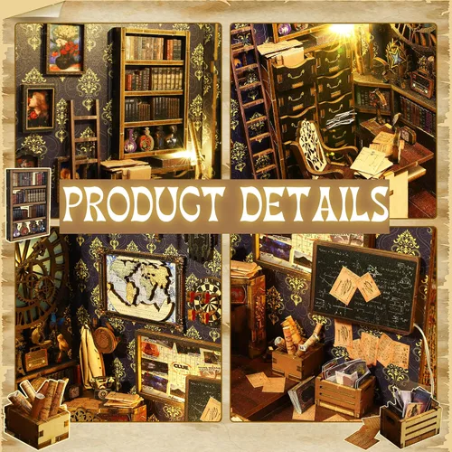 Vista 3 de Flever Kit en miniatura para rincón de libros para casa de muñecas, decoración de estantería de libros, kit en miniatura de madera 3D