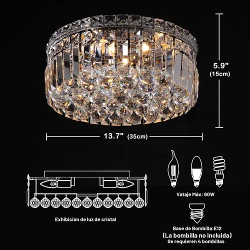 Vista 5 de Lámpara de araña de cristal empotrada de 4 luces con cristales K9, luces de techo modernas, elegante lámpara colgante para dormitorio, pasillo, bar