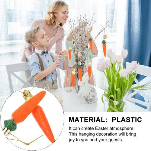 Vista 6 de Sewroro 12 piezas de zanahorias de Pascua, decoraciones colgantes de zanahorias de plástico artificial con purpurina, zanahorias de bricolaje