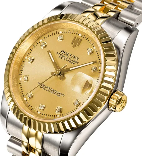 Vista 2 de LOREO Mens Full Gold Watch Automatic Mechanical Gilded Steel Self-Wind Sapphire Glass Dress Waterproof Watch