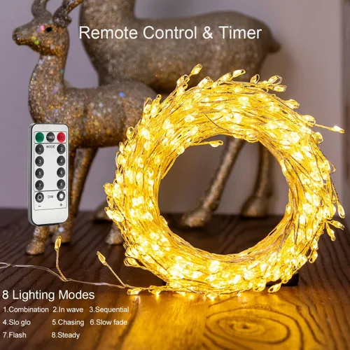 Vista 3 de Luces de Hadas en Racimo 10FT Luces de Cadena Petardo 100 LED Blanco Cálido Enchufable Interior Cable Plateado Luces de Cadena con Control Remoto