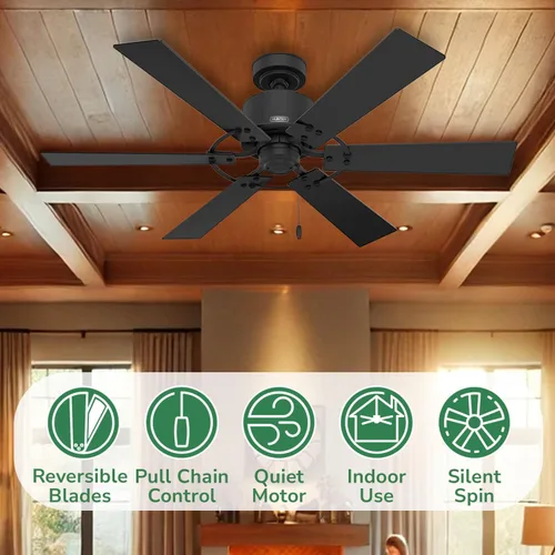 Vista 3 de Hunter 52 pulgadas Ventilador de techo para interiores sin luz - Ventilador de techo negro sin luz, 6 aspas, montaje estándar, para dormitorio, sala