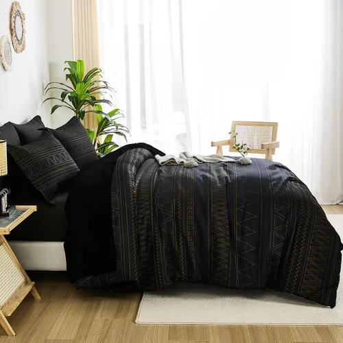Vista 5 de WONGS BEDDING Juego de edredón Queen, rayas geométricas de oro negro Negro dorado
