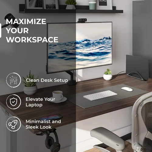 Vista 2 de HumanCentric Soporte vertical para computadora portátil para escritorios en negro mate, soporte ajustable vertical para acoplar Apple MacBook