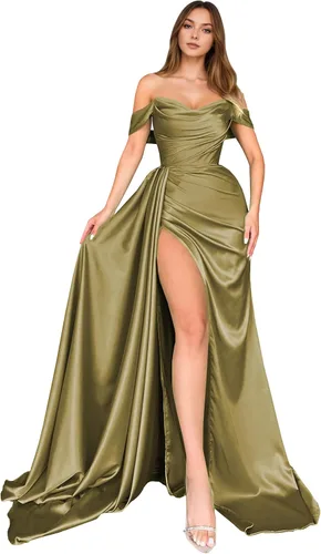Vista 49 de Dream Wedding Vestidos de fiesta de satén con hombros descubiertos con Agua
