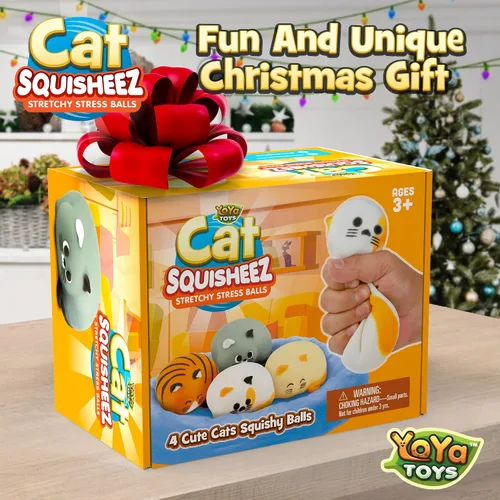 Vista 8 de YoYa Toys Squisheez Cat - Paquete de 4 bolas suaves y esponjosas para aliviar el estrés de gatitos, lindos animales elásticos, juguetes perfectos