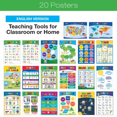 Vista 4 de 20 Carteles Educativos Grandes para Niños Pequeños (16.5x12 pulgadas Doble Cara Inglés/Español) Alfabeto Colores Letras Números Formas Meses Días