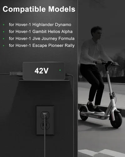 Vista 2 de VHBW Cargador eléctrico de scooter de 42 V 2 A, compatible con scooters de batería Hover-1 de 36 V (Highlander, Dynamo, Gambit, Helios y más)