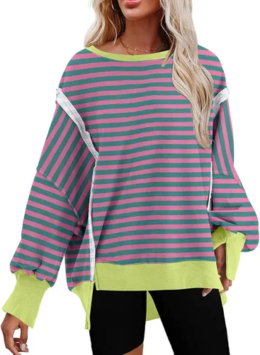 Vista 26 de SHEWIN Sudadera casual de gran tamaño de manga larga con costuras inversas y cuello redondo para mujer Un negro