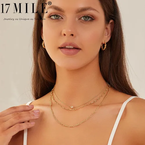 Vista 3 de 17 MILE Juego de collar de cadena en capas de oro para mujer, moderno Gargantilla de espiga delicada chapada en oro de 14 quilates ajustable