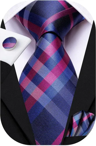 Vista 90 de Hi-Tie Corbata clásica de cachemira para hombre con pañuelo y gemelos a cuadros