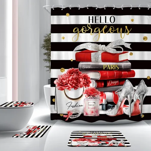 Vista 12 de Juego de cortina de ducha de baño de 4 piezas de perfume de libros de moda A1-rosa Negro Blanco