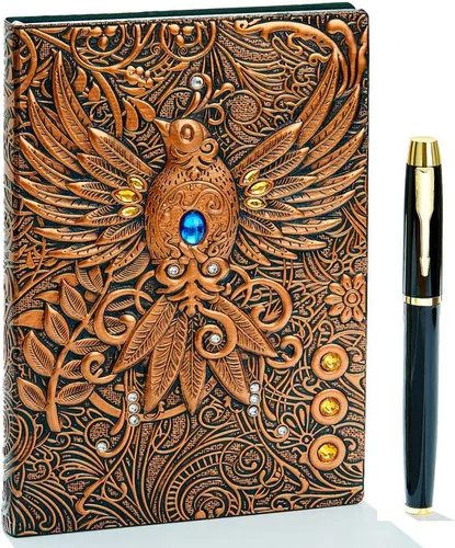 Vista 9 de Cuaderno de escritura de cuero en relieve, cuaderno diario de cuero antiguo hecho a mano, cuaderno de bocetos, diario de viaje y cuadernos