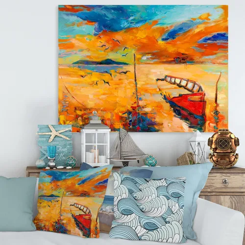Vista 2 de DesignQ Lienzo decorativo náutico y costero para pared con diseño de barco durante la noche que brilla en el lago VIII