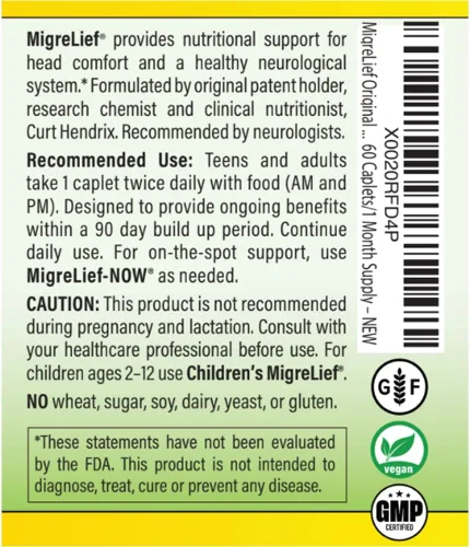 Vista 4 de Migrelief, Fórmula original, Terapia triple con puracol, 60 cápsulas, AKESO698423, paquete de de 1, 1, 1