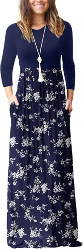 Vista 22 de GRECERELLE Vestido largo de manga larga para mujer, casual, cuello redondo, holgado, sólido floral, maxi largo con bolsillos, S-3XL A-Negro
