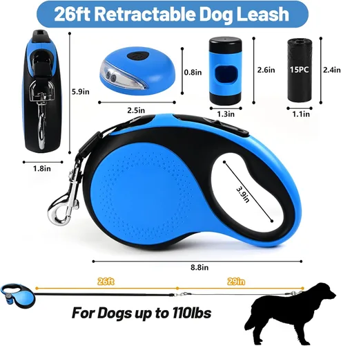 Vista 4 de Correa retráctil resistente de 26 pies para perros grandes, correa de perro con soporte para bolsa de excrementos, hasta 100 libras, con luz LED