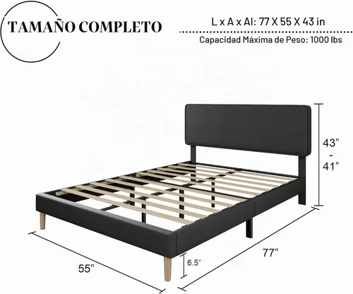 Vista 2 de HAOARA Marco de Cama con Plataforma Tapizada de Tamaño Completo, Cabecera Ajustable de Cuero PU, No Necesita Somier, Soporte de Listones de Madera