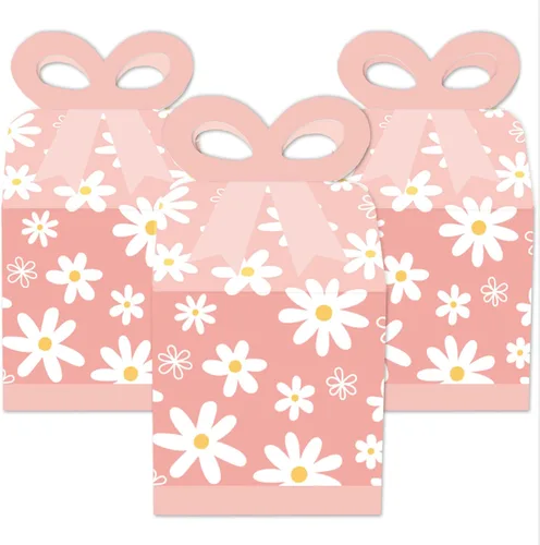 Vista 2 de Big Dot of Happiness Flores de margaritas rosadas, cajas de regalo cuadradas, cajas de lazo para fiesta floral, juego de 12