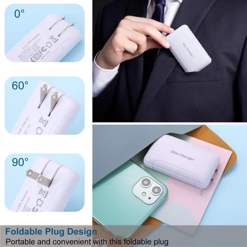 Vista 6 de Cargador de pared delgado, paquete de 2 cargadores de pared USB-A de doble puerto de 3A/5V con enchufe plegable, enchufe de pared USB doble plano