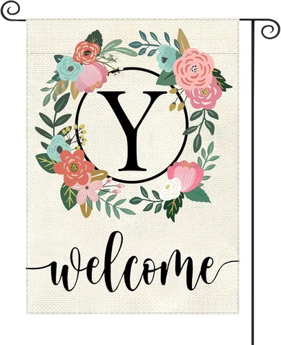 Vista 28 de Bandera de jardín con letra monograma, floral, 12 x 18 pulgadas, doble cara para exterior, pequeña de arpillera, familia, apellido, bandera inicial